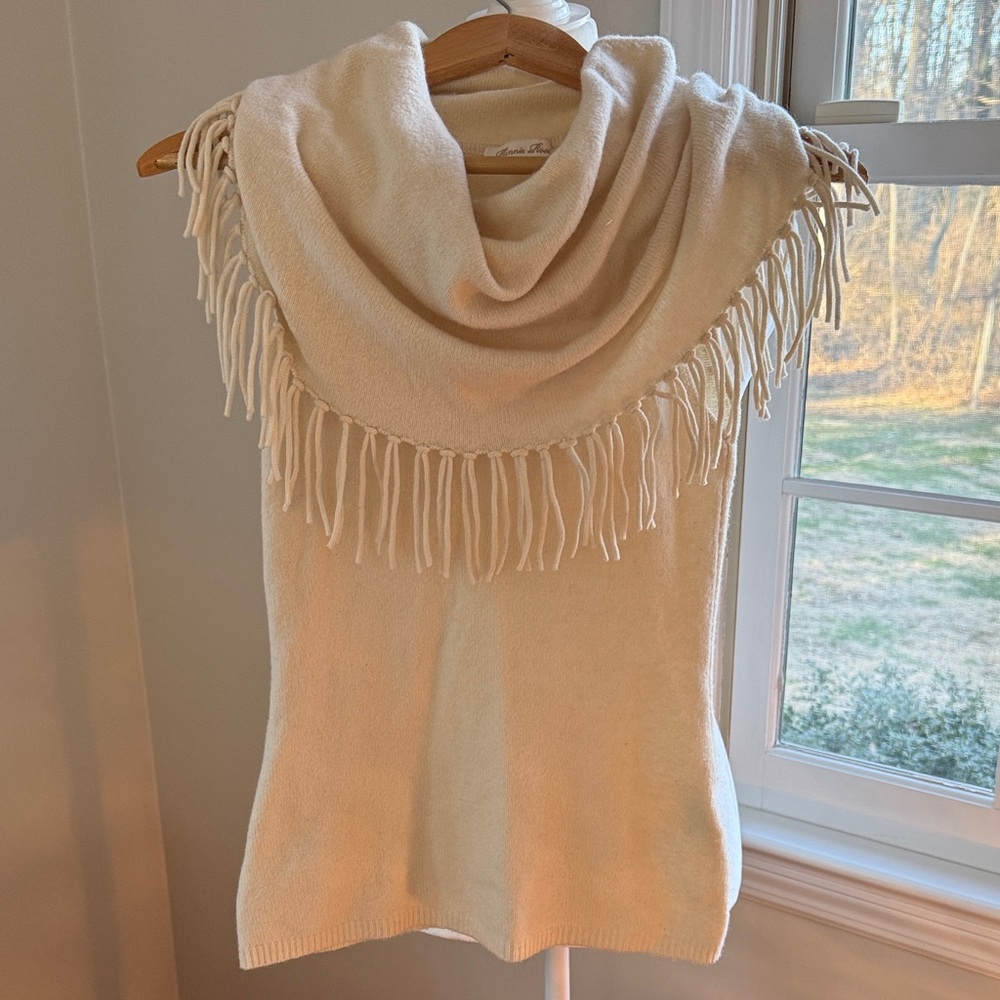 MINNIE ROSE Sleeveless Cashmere Cowl Fringe Shell Top Size Small
